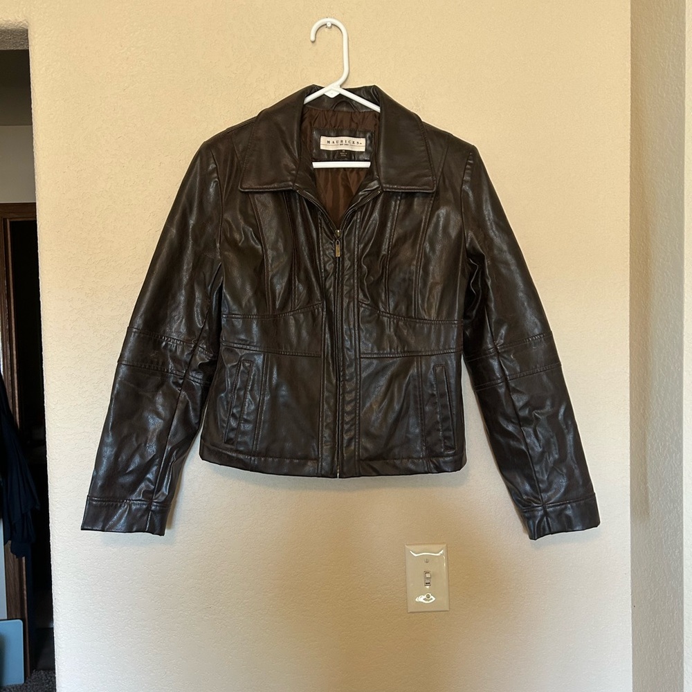 Vintage 90s Y2K Maurice’s Women's Dark Brown Faux Leather Bomber Zip Jacket